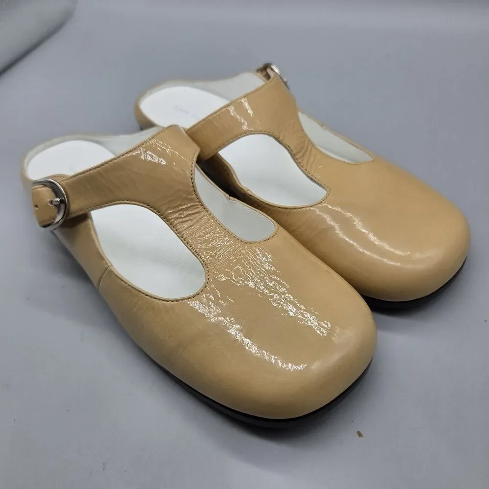 Tory Burch Violet sand patent leather T- Strap Mule slide shoes sz 7 NEW